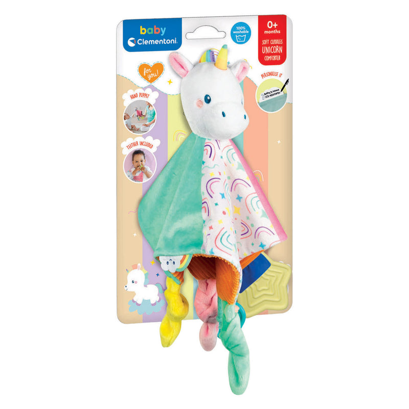 Afbeelding laden in galerijviewer, Clementoni knuffeldoekje eenhoorn soft cuddles - knuffeldoek met voeldetails - zacht kraamcadeau jongen of meisje - baby comforter vanaf 0 maanden