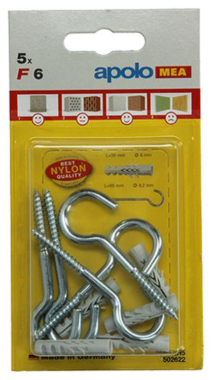 Afbeelding laden in galerijviewer, Celo 1015383 - 5 nylon pluggen f 6 mm + schroefhaken 502622 | 5 stuks