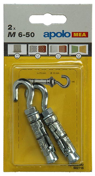 Afbeelding laden in galerijviewer, Celo 1003157 - 2 expansieankers m 12mm + haakbout 6x50mm 502716 | 5 stuks