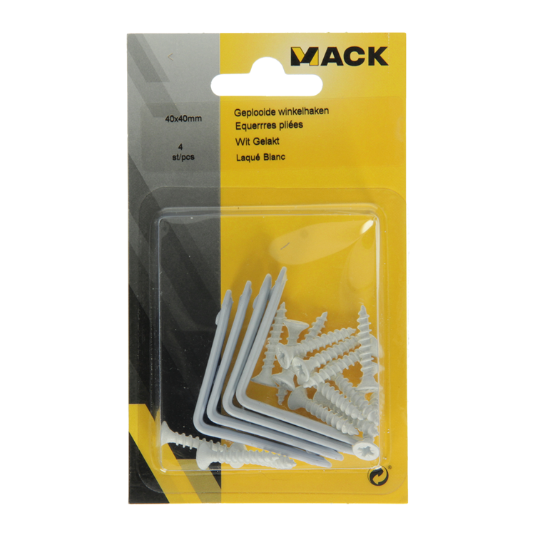 Afbeelding laden in galerijviewer, Mack 1013794 - 4 geplooide winkelhaken wit gelakt 40x40mm | 10 stuks