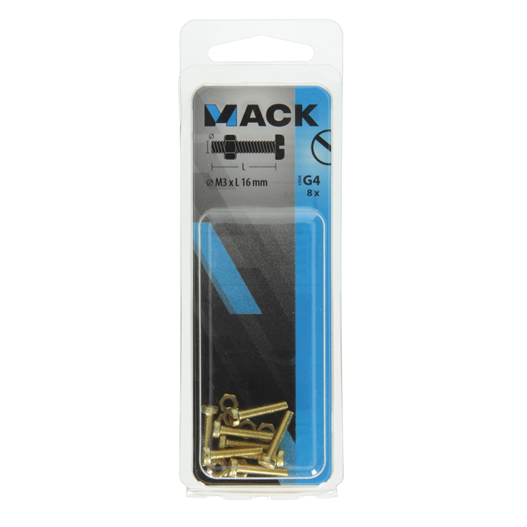Afbeelding laden in galerijviewer, Mack 1019681 - metaalschroef cyl.kop + moer messing 8st m3 x 16 mm | 10 stuks
