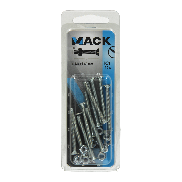 Afbeelding laden in galerijviewer, Mack 1017495 - metaalschroef verz. kop + moer verz. 12st m4 x 40 mm | 10 stuks