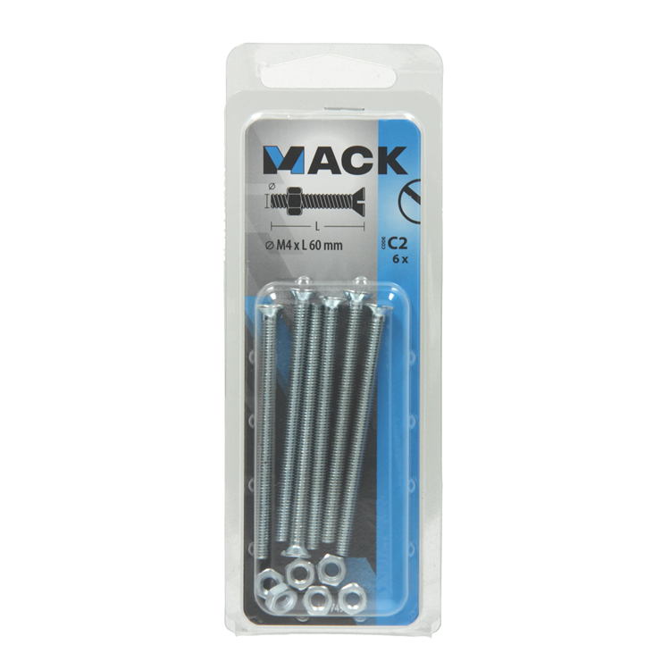 Afbeelding laden in galerijviewer, Mack 1017497 - metaalschroef verz. kop + moer verz. 6 st m4 x 60 mm | 10 stuks