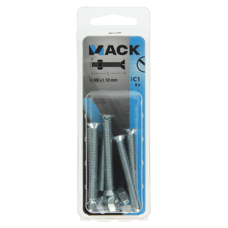 Afbeelding laden in galerijviewer, Mack 1017512 - metaalschroef verz. kop + moer verz. 6 st m6 x 50 mm | 10 stuks