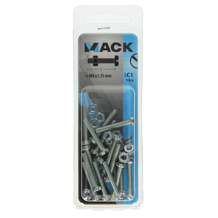 Afbeelding laden in galerijviewer, Mack 1017519 - metaalschroef cyl. kop + moer verz. 16 st m4 x 25 mm | 10 stuks