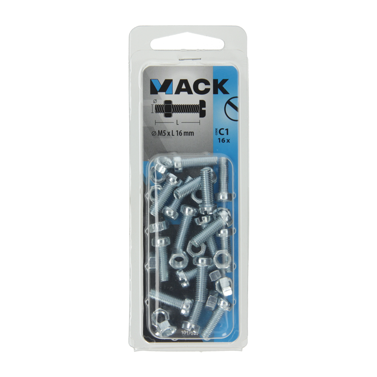 Afbeelding laden in galerijviewer, Mack 1017523 - metaalschroef cyl. kop + moer verz. 16 st m5 x 16 mm | 10 stuks