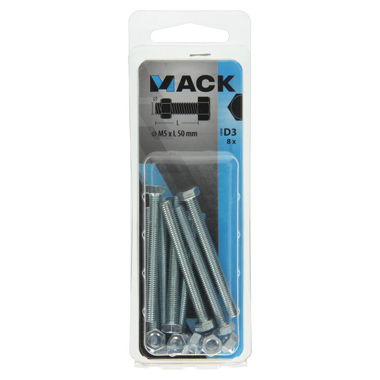 Afbeelding laden in galerijviewer, Mack 1017603 - tapbout + moer staal verzinkt 8 st m5 x 50 mm | 10 stuks