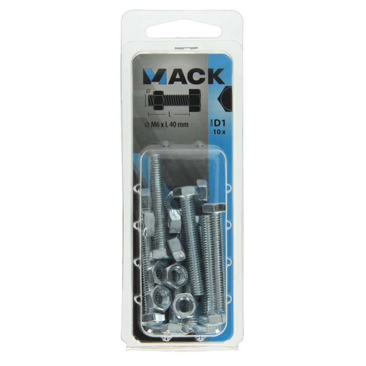 Afbeelding laden in galerijviewer, Mack 1017608 - tapbout + moer staal verzinkt 10 st m6 x 40 mm | 5 stuks
