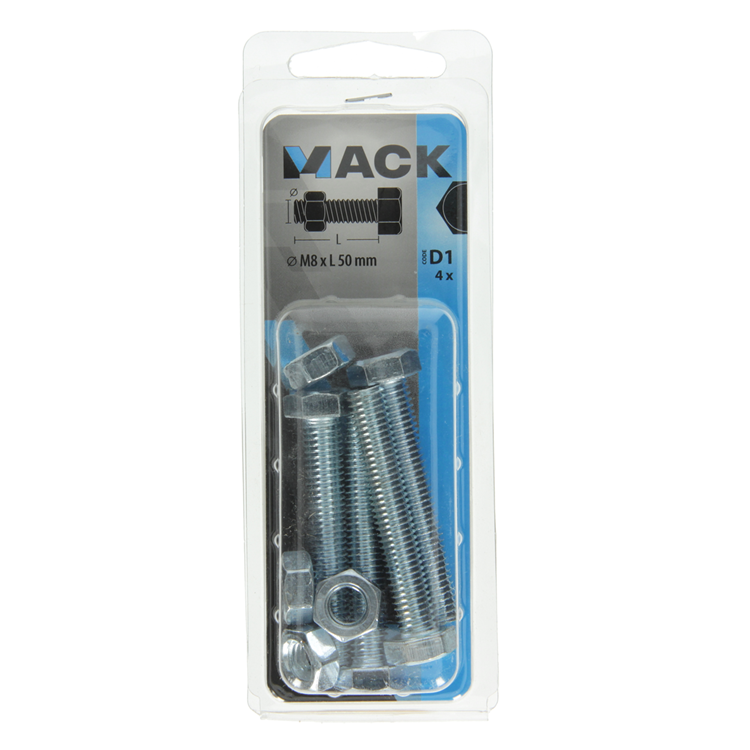 Afbeelding laden in galerijviewer, Mack 1017616 - tapbout + moer staal verzinkt 4 st m8 x 50 mm | 10 stuks