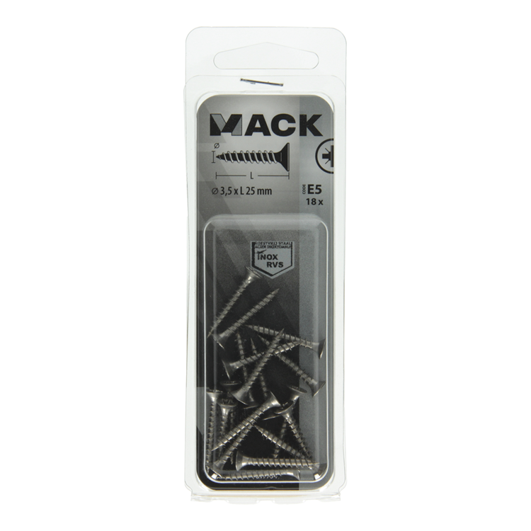Afbeelding laden in galerijviewer, Mack 1019734 - spaanplaatschroef vz kop rvs 18 st 3,5 x 25 mm | 10 stuks