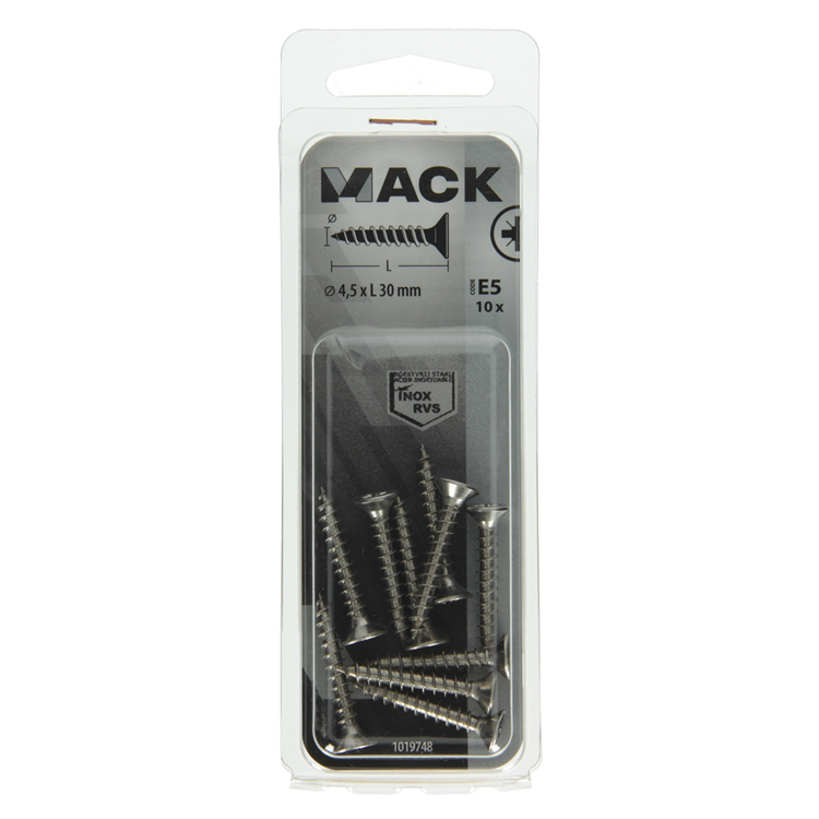 Afbeelding laden in galerijviewer, Mack 1019748 - spaanplaatschroef vz kop rvs 10 st 4,5 x 30 mm | 10 stuks