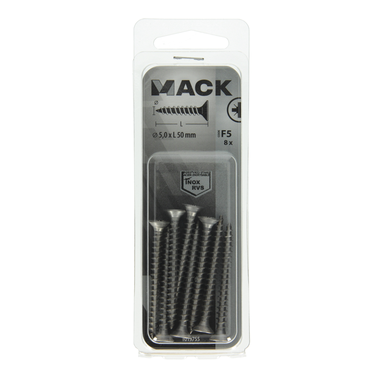 Afbeelding laden in galerijviewer, Mack 1019755 - spaanplaatschroef vz kop rvs 8 st 5,0 x 50 mm | 10 stuks