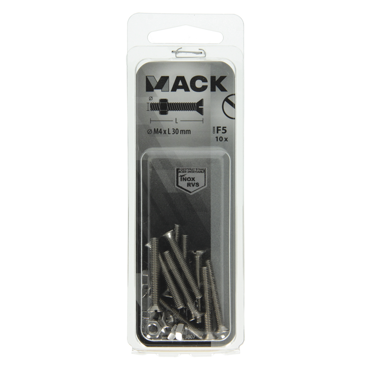 Afbeelding laden in galerijviewer, Mack 1019807 - metaalschroef verz. kop + moer rvs 10 st m4x30 | 10 stuks
