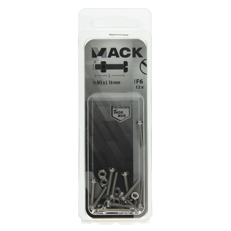 Afbeelding laden in galerijviewer, Mack 1019818 - metaalschroef cyl. kop + moer rvs 12 st m3x16 | 10 stuks