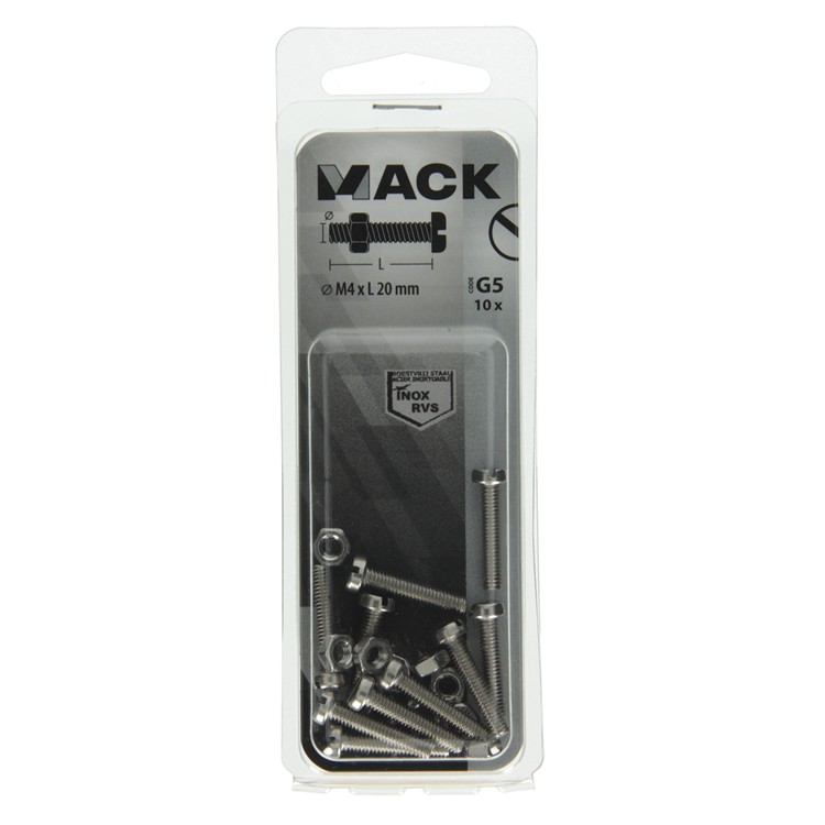 Afbeelding laden in galerijviewer, Mack 1019820 - metaalschroef cyl. kop + moer rvs 10 st m4x20 | 10 stuks