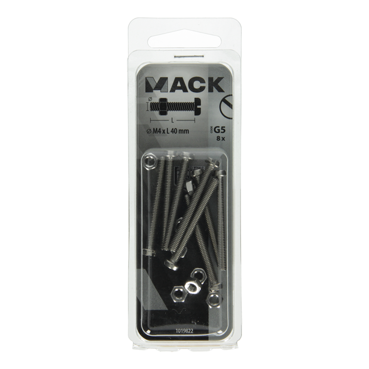 Afbeelding laden in galerijviewer, Mack 1019822 - metaalschroef cyl. kop + moer rvs 8 st m4x40 | 10 stuks