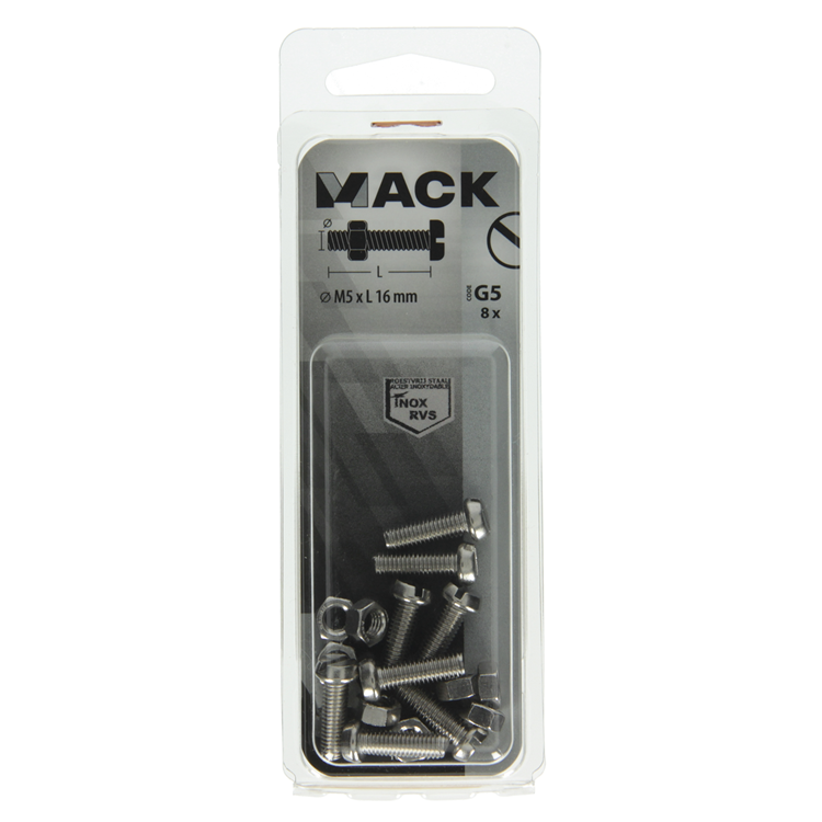Afbeelding laden in galerijviewer, Mack 1019824 - metaalschroef cyl. kop + moer rvs 8 st m5x16 | 10 stuks