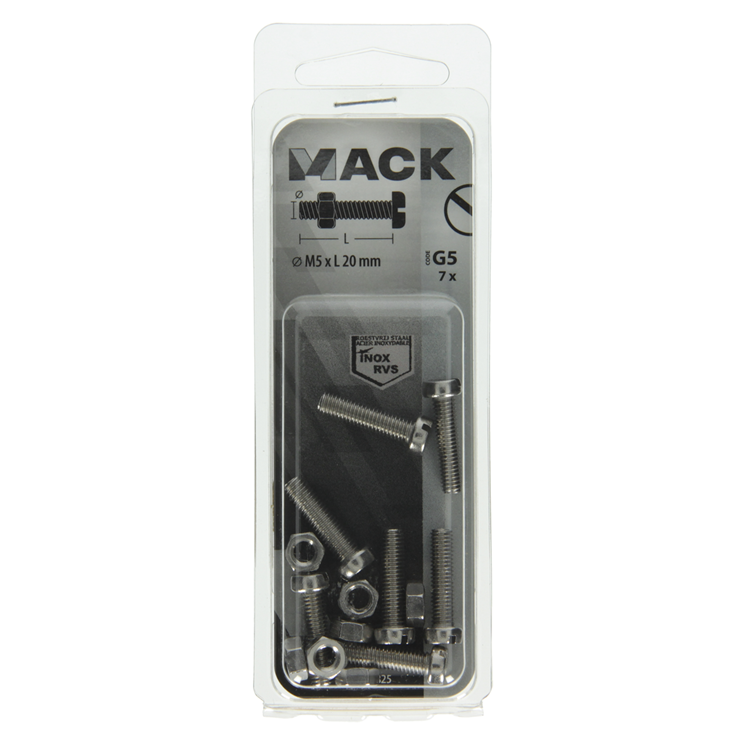 Afbeelding laden in galerijviewer, Mack 1019825 - metaalschroef cyl. kop + moer rvs 7 st m5x20 | 10 stuks