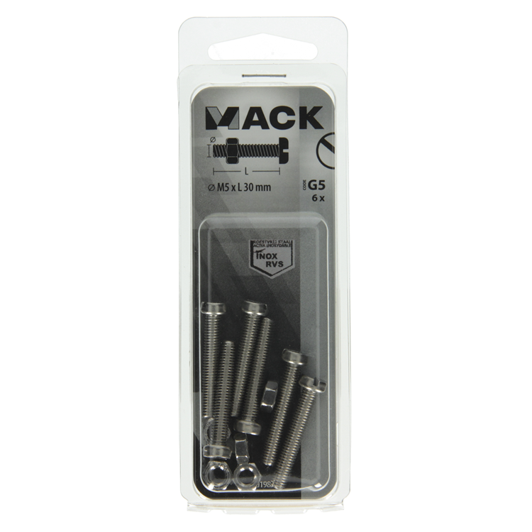 Afbeelding laden in galerijviewer, Mack 1019826 - metaalschroef cyl. kop + moer rvs 6 st m5x30 | 10 stuks