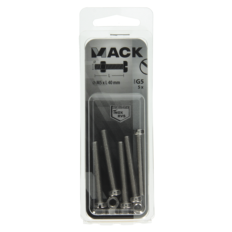 ギャラリービューアに画像をロードする, Mack 1019827 - metaalschroef cyl. kop + moer rvs 5 st m5x40 | 10 stuks