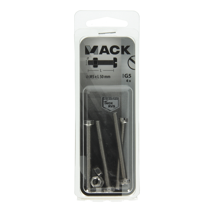 Afbeelding laden in galerijviewer, Mack 1019828 - metaalschroef cyl. kop + moer rvs 4 st m5x50 | 10 stuks