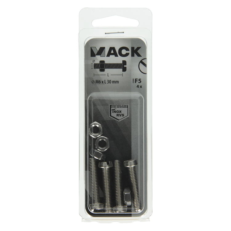 Afbeelding laden in galerijviewer, Mack 1019830 - metaalschroef cyl. kop + moer rvs 4 st m6x30 | 10 stuks