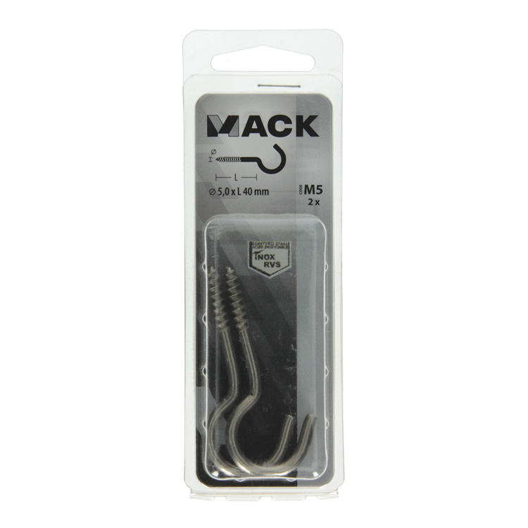 Afbeelding laden in galerijviewer, Mack 1019898 - schroefhaak roestvrijstaal 2 st 5,0x40 mm | 10 stuks