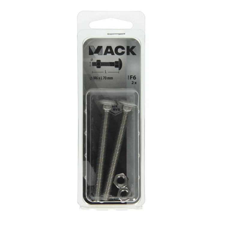 Afbeelding laden in galerijviewer, Mack 1019911 - houtbout + moer roestvrijstaal 2 st m6 x 70 mm | 10 stuks
