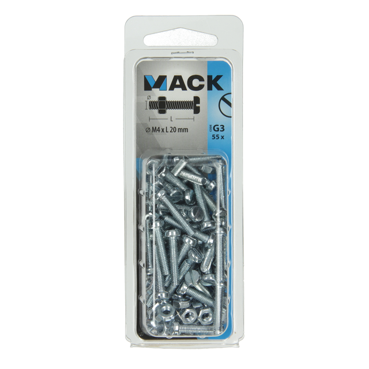 Afbeelding laden in galerijviewer, Mack 1018091 - metaalschroef cyl. kop + moer verz. 55 st m4 x 20 mm | 5 stuks