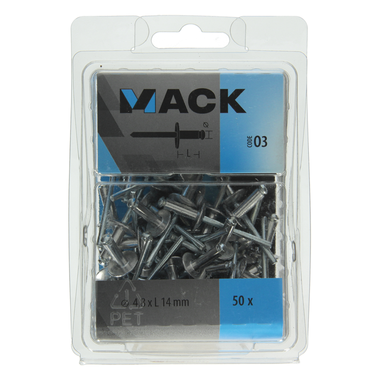 Afbeelding laden in galerijviewer, Mack 1020319 - 50 blindnieten alu brede kop 4,8x14mm | 3 stuks