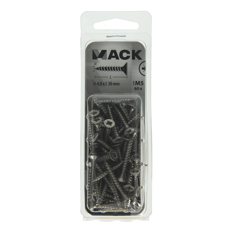 Afbeelding laden in galerijviewer, Mack 1019988 - spaanplaatschroef vz kop rvs 60 st 4,0 x 30 mm | 5 stuks