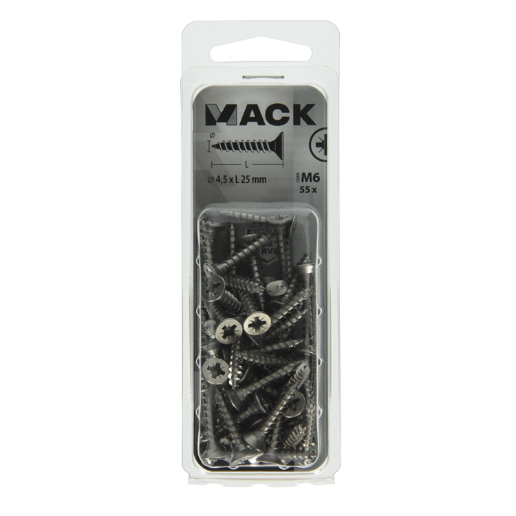 Afbeelding laden in galerijviewer, Mack 1019993 - spaanplaatschroef vz kop rvs 55 st 4,5 x 25 mm | 5 stuks