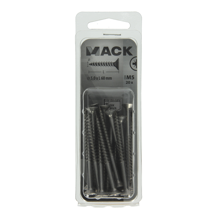Afbeelding laden in galerijviewer, Mack 1020000 - spaanplaatschroef vz kop rvs 20 st 5,0 x 60 mm | 5 stuks