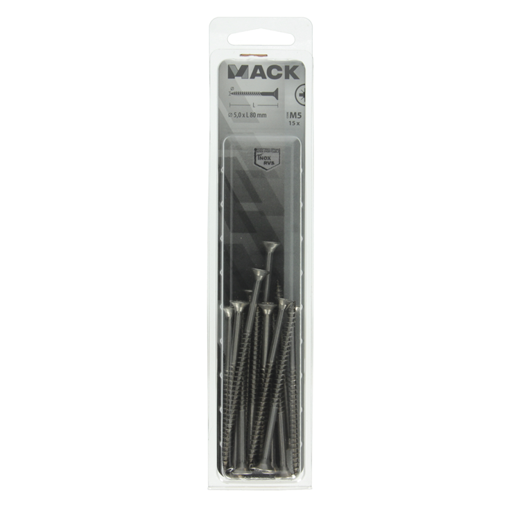 Afbeelding laden in galerijviewer, Mack 1020002 - spaanplaatschroef vz kop rvs 15 st 5,0 x 80 mm | 5 stuks