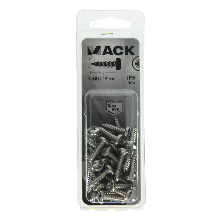 Afbeelding laden in galerijviewer, Mack 1020019 - zelftappende schroef cyl.kop a2 30 st 4,8 x 19 mm | 5 stuks