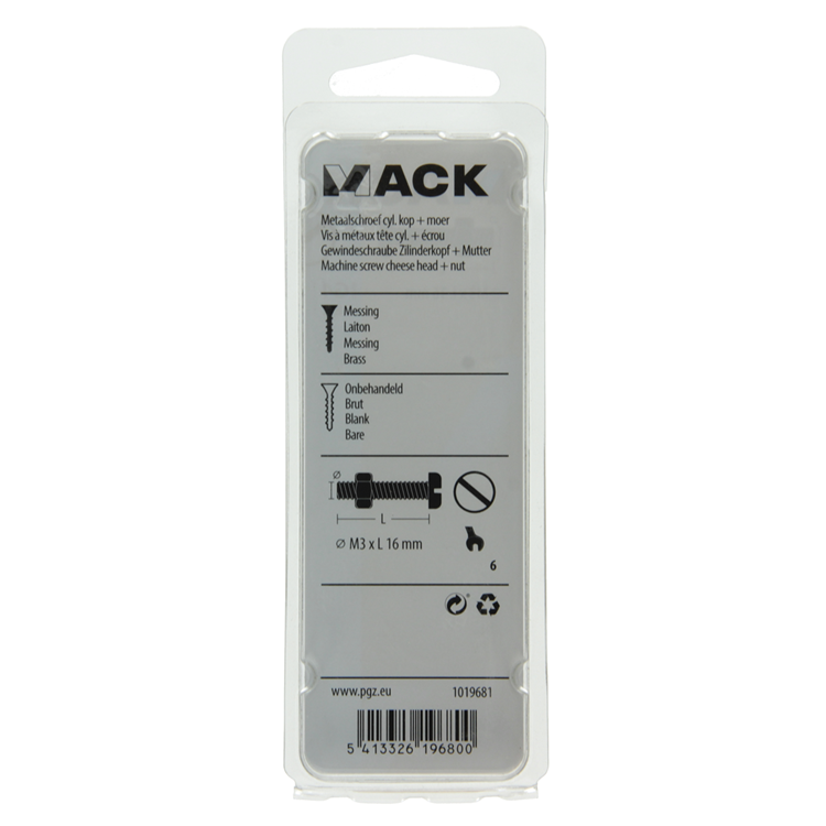 Afbeelding laden in galerijviewer, Mack 1019681 - metaalschroef cyl.kop + moer messing 8st m3 x 16 mm | 10 stuks