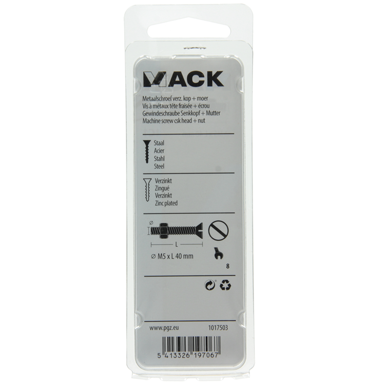 ギャラリービューアに画像をロードする, Mack 1017503 - metaalschroef verz. kop + moer verz. 10st m5 x 40 mm | 10 stuks