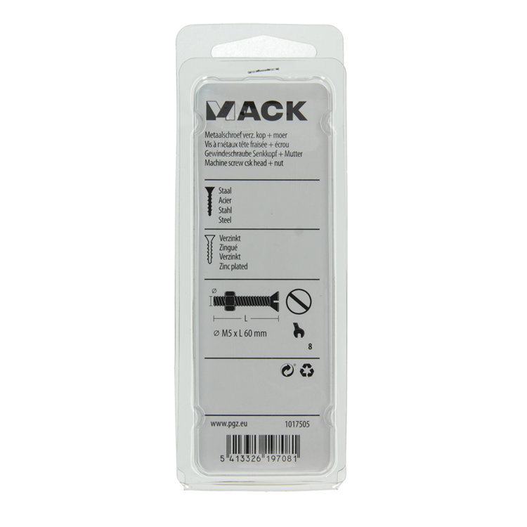 Afbeelding laden in galerijviewer, Mack 1017505 - metaalschroef verz. kop + moer verz. 7 st m5 x 60 mm | 10 stuks
