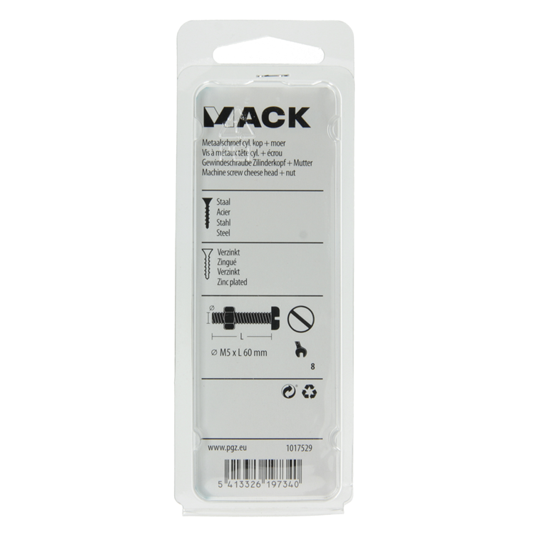 Afbeelding laden in galerijviewer, Mack 1017529 - metaalschroef cyl. kop + moer verz. 6 st m5 x 60 mm | 10 stuks