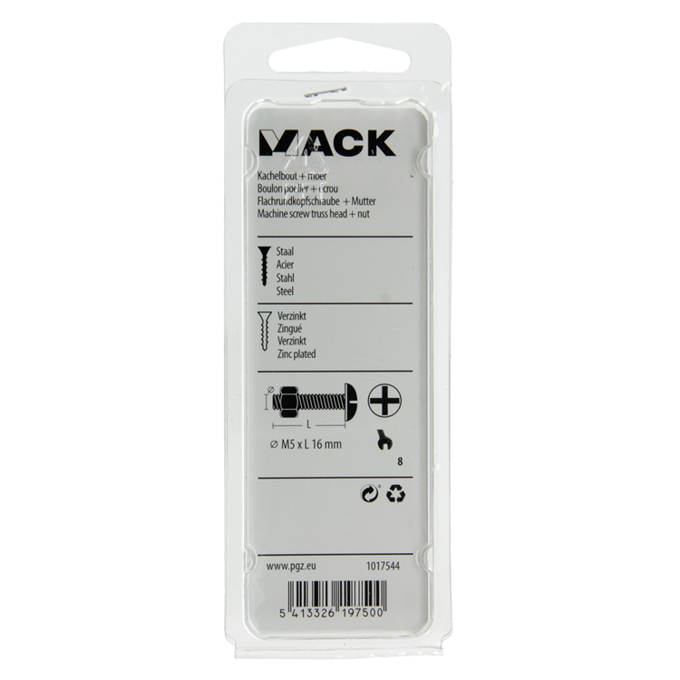 Afbeelding laden in galerijviewer, Mack 1017544 - kachelbout + moer staal verzinkt 16 st m5 x 16 mm | 10 stuks