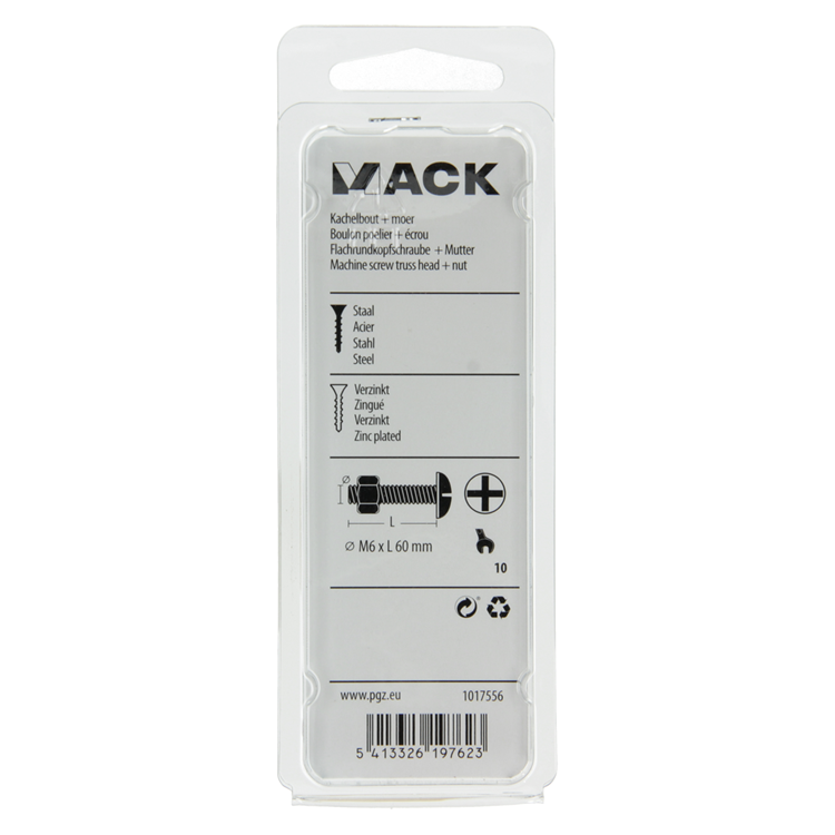 Afbeelding laden in galerijviewer, Mack 1017556 - kachelbout + moer staal verzinkt 5 st m6 x 60 mm | 10 stuks