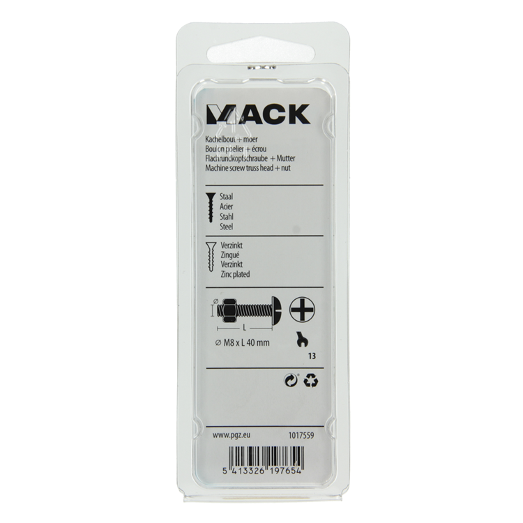 Afbeelding laden in galerijviewer, Mack 1017559 - kachelbout + moer staal verzinkt 5 st m8 x 40 mm | 5 stuks