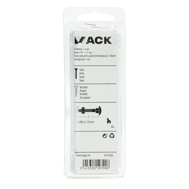 Afbeelding laden in galerijviewer, Mack 1017583 - houtbout + moer staal verzinkt3 st m8 x 70 mm | 5 stuks