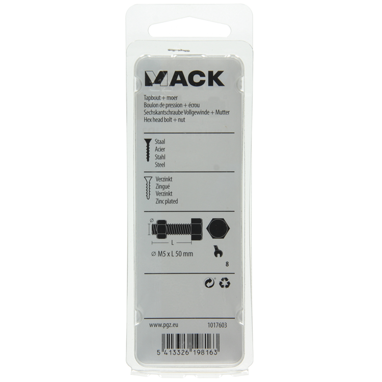 Afbeelding laden in galerijviewer, Mack 1017603 - tapbout + moer staal verzinkt 8 st m5 x 50 mm | 10 stuks