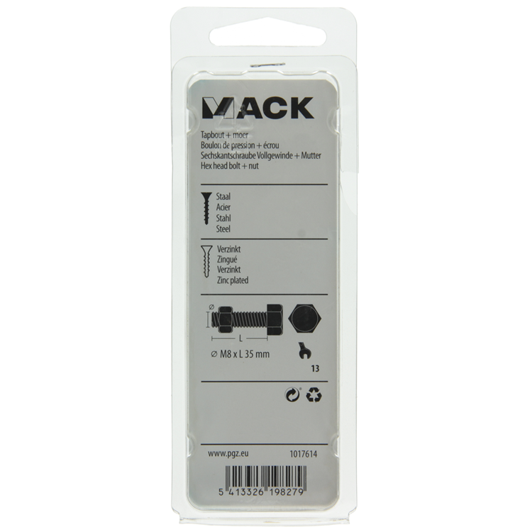 Afbeelding laden in galerijviewer, Mack 1017614 - tapbout + moer staal verzinkt 5 st m8 x 35 mm | 5 stuks