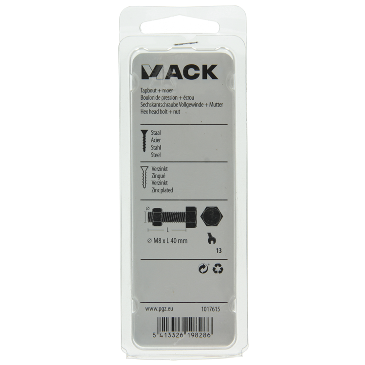 Afbeelding laden in galerijviewer, Mack 1017615 - tapbout + moer staal verzinkt 5 st m8 x 40 mm | 5 stuks