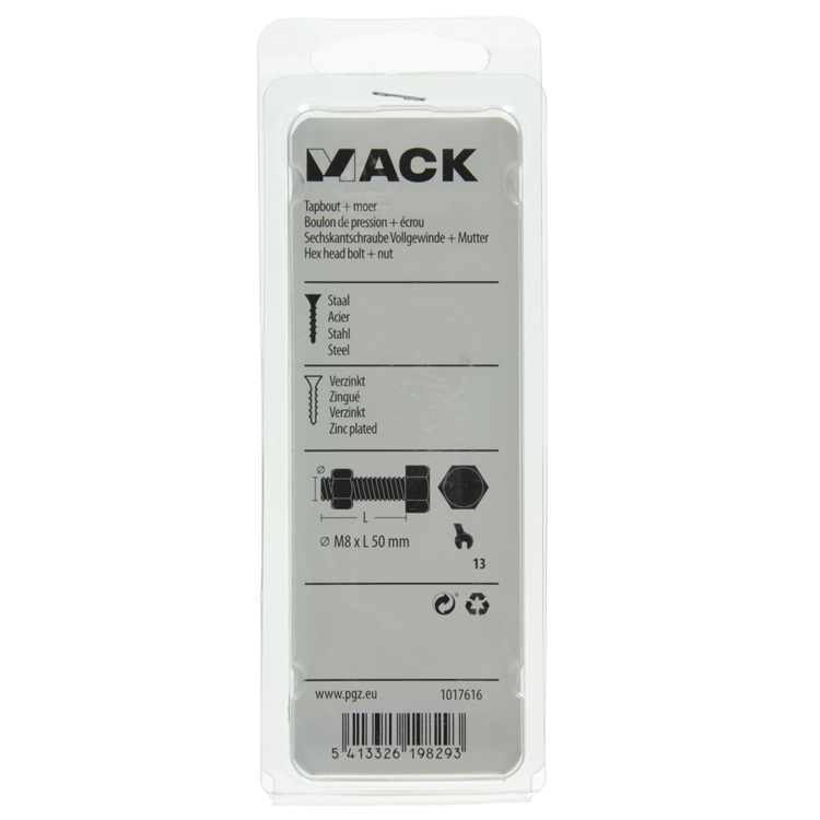 Afbeelding laden in galerijviewer, Mack 1017616 - tapbout + moer staal verzinkt 4 st m8 x 50 mm | 10 stuks