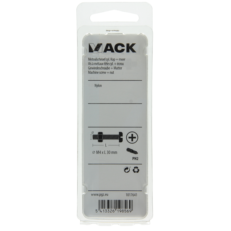Afbeelding laden in galerijviewer, Mack 1017641 - metaalschroef cyl. kop + moer nylon 6 st m4 x 30 mm | 10 stuks
