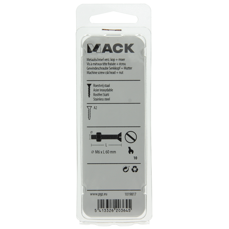 Laden Sie das Bild in Galerie -Viewer, Mack 1019817 - metaalschroef verz. kop + moer rvs 2 st m6x60 | 10 stuks