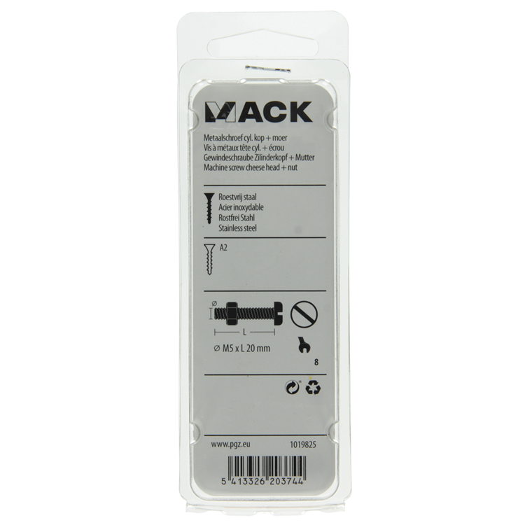 Afbeelding laden in galerijviewer, Mack 1019825 - metaalschroef cyl. kop + moer rvs 7 st m5x20 | 10 stuks